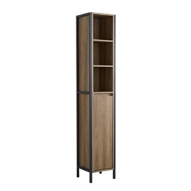 House & Homestyle Marion Tallboy Unit, Free Standing Bathroom / Home Cabinet Storage Solution, 6 Tiered Slimline Space Saving Shelving with Cupboard - Industrial Wood Grain Effect