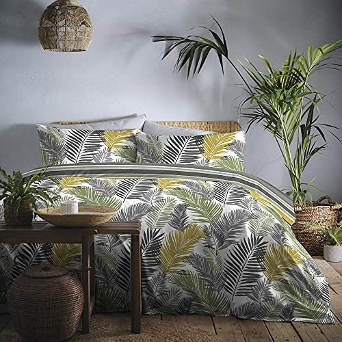Fusion - Yellow Tropical Leaf Duvet Cover - Single Bedding Size (140 x 200cm) - Reversible Design (Stripe) - Palm Tree Leaf/Leaves Bedding in Green - Jungle Leaf Bed Set - Ochre Leaf Duvet Set