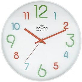 MPM Colourful Children's Plastic Wall Clock in White with Large Colourful Numbers No Ticking Noise for Undisturbed Play Quartz Movement Especially Suitable for Children's Rooms, Nursery, School