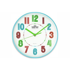 MPM Colourful Children's Plastic Wall Clock White/Blue with Large Colourful Numbers No Ticking Noise for Undisturbed Play Quartz Clock Movement Especially Suitable for Children's Room Nursery School