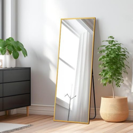 "KIAYACI Full Length Floor Mirror with Stand 43""x16"" Large Wall Mounted Full Body Mirror Horizontal/Vertical Bedroom Mirror Dressing Mirror Aluminum Alloy Frame Gold"