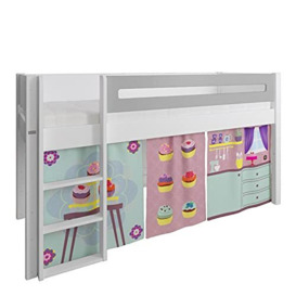 Furniture To Go - Manis-h White Mid Sleeper Bed with Safety Rail in Silver Grey and Cup Cake Play Curtain