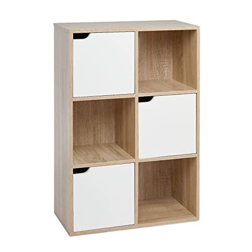 Mondeer 6 Cube Storage Unit, 3-Tier Bookcase with Doors, Wooden Bookshelf Display Organiser Cabinet for Living Room, Bedroom, Home Office, 60 x 30 x 90 cm, Oak and White