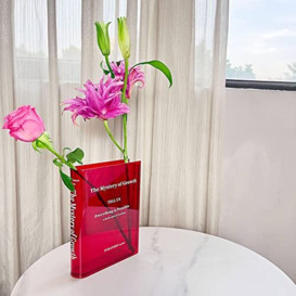 Puransen Book Vase for Flowers Aesthetic Room Decor, Artistic and Cultural Flavor Decorative Acrylic Vase, Unique Home/Bedroom/Office Accent, A Book About Flowers (Clear Red)