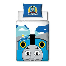 Character World Thomas & Friend Offical Childs Toddler Cot Bed Duvet Cover - Peekaboo Thomas the Tank Engine Reversible 2 Sided bedding with Matching Pillowcase, Polycotton, Blue