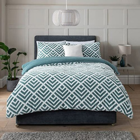 Sleepdown Geo Jacquard Fleece Thermal Warm Cosy Super Soft Duvet Cover Quilt Bedding Set with Pillow Cases - Teal White - Double (200cm x 200cm)