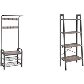 VASAGLE Ladder Shelf, 4-Tier Bookshelf, in the Living Room Bedroom Kitchen, Greige and Grey LLS44MG+VASAGLEHSR40MG Coat Rack Shoe Rack with Seat / 183 cm High Design Grey