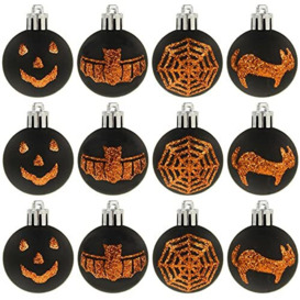 Cackle & Co 12 Pack Mini Halloween Tree Baubles Glittery Party Decoration 4cm Black Orange