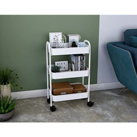 Mabel Home Storage Cart 3 Tier with Wheels and Handle, Metal Storage Utility Rolling Trolley, Multi-Purpose (White)