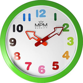MPM Quality Children's Wall Clock in Cheerful Colors with Arrow-Shaped Hands, Plastic Glass, Green, ∅ 305 x 40 mm