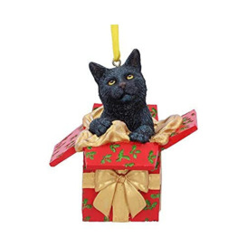 Nemesis Now Lisa Parker Present Black Cat Hanging Ornament 9cm, Resin, Cat in Festive Decoration, Cat Christmas Decoration, Cast in the Finest Resin, Expertly Hand-Painted