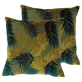 Paoletti Palm Grove Feather Filled Cushions (Twin Pack), Gold/Teal, 50 x 50cm
