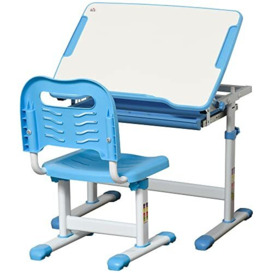 HOMCOM Kids Desk and Chair Set, Height Adjustable Student Writing Desk, Children School Study Table with Tiltable Desktop, Drawer, Pen Slot, Hook - Blue