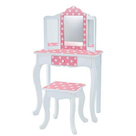 Fantasy Fields Gisele Girls Dressing Table with Mirror and Stool, Kids Vanity Table, Age 3 Years+, Tri-Fold Mirror, Pink Polka Dot