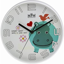 MPM Children's Wall Clock Plastic with Hippo Design White/Colourful Wall Decoration Well Suitable for Children's Room Quartz Stepper Motor for Boys and Girls