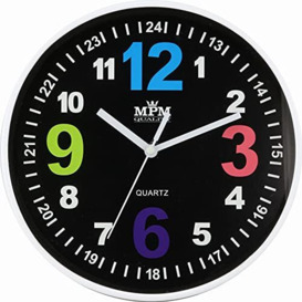 MPM Quality Design Children's Wall Clock Plastic with Distinctive Coloured Numbers, Black Dial, Quartz Sweep, Colourful Children's Clock, Diameter 200 x 34 mm, Ideal for Children's Room, Nursery or
