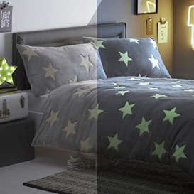 Silentnight Glow in the Dark Teddy Fleece Duvet Set – Fluffy Fleece Teddy Bear Bedding Kids Duvet Cover and Pillowcase Set with Glow in the Dark Stars – Double – 200x200cm – Grey