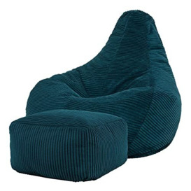 icon Dalton Cord Recliner Bean Bag Chair and Footstool, Teal, Large Lounge Chair Gaming Bean Bags for Adult with Filling Included, Jumbo Cord Adults Beanbag, Boho Decor Living Room Furniture