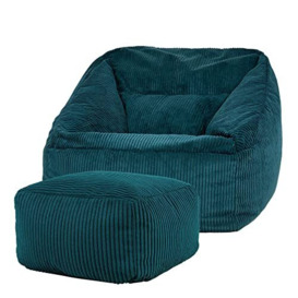 icon Morgan Cord Bean Bag Chair and Footstool, Teal Green, Giant Bean Bag Armchair, Large Bean Bags for Adult with Filling Included, Living Room Furniture Bean Bag Chairs