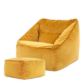 icon Natalia Velvet Lounge Chair Bean Bag and Footstool, Ochre Yellow, Giant Bean Bag Velvet Chair, Large Bean Bags for Adult with Filling Included, Accent Chair Living Room Furniture