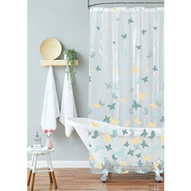 "Laura Ashley - Blue Scattered Butterflies PEVA Shower Curtain, Elegant Bathroom Décor, Measures 70"" x 72"", Waterproof"
