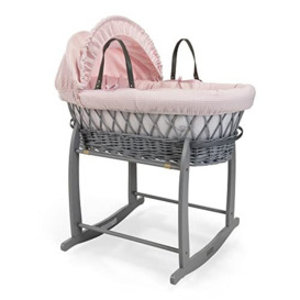 Clair de Lune Waffle Grey Wicker Moses Basket & Grey Deluxe Rocking Stand Including 1x Adjustable, Removable Hood, 2x Carry Handles, Coverlet, And 1x Firm, Hypoallergenic Fibre Mattress (Pink)
