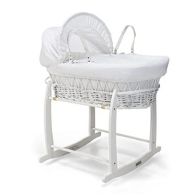 Clair de Lune Waffle White Wicker Moses Basket & White Deluxe Rocking Stand Including 1x Adjustable, Removable Hood, 2x Carry Handles, Coverlet, And 1x Firm, Hypoallergenic Fibre Mattress (White)