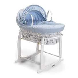 Clair de Lune Waffle White Wicker Moses Basket & White Deluxe Rocking Stand Including 1x Adjustable, Removable Hood, 2x Carry Handles, Coverlet, And 1x Firm, Hypoallergenic Fibre Mattress (Blue)