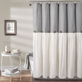 "Lush Decor Linen Button Farmhouse Shower Curtain Pleated Two Tone Design for Bathroom, 72""W x 78""L, Gray & White"