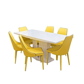 EXCLUSIVE High Gloss Extending Dining Table with Six Duncan Chairs, White/Yellow, 130-170cm