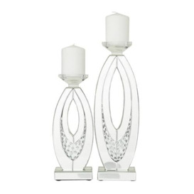 "Deco 79 Glass Pillar Candle Holder with Mirrored Accents and Crystals, Set of 2 17"", 13"" H, Silver"
