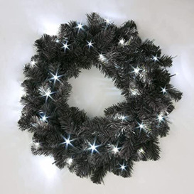 55cm Pre-Lit Black Christmas Wreath Alaskan Pine for Fireplaces Home Wall Door Stair Artificial Xmas Tree Garden Yard Decorations with 30 Cool White LEDs