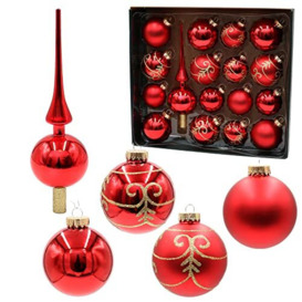 Dekohelden24 Lauschaer Christmas Tree Decorations Set of 16 Baubles Including 1 Glass Tree Topper for Christmas, Hand-Decorated, Red Matt and Glossy, 6.7, Golden Crown, 8 cm, 17