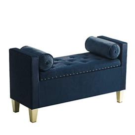 Lionel Richie HOME Symphony Storage Ottoman Bench with Decorative Pillows, Moonlit Blue, Hinged Lid, Classy Studded Detail, Elegant, Cushioned Tufted Seating, Bedroom, End of Bed, Foyer, Living Room