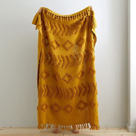 Pineapple Elephant Kabeli Tufted Tassel Cotton 130x170cm Blanket Throw Ochre Yellow