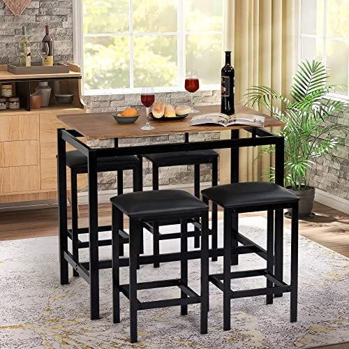 ModernLuxe Bar Table Set, Kitchen Pub Table and 4 Bar Stools, 5-Piece Breakfast Bar Set Dining Table Set for Kitchen Living Room, Dining Room, Sturdy Metal Frame, Industrial, Rustic Brown
