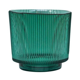 Ivyline Glass Plant Pot, Ribbed Design 10.5cm Coloured Glass Planter Small, Glass Tealight Holder, Decorative Tea Light Votive Candle Holder, Glass Lantern for Candles (Emerald)