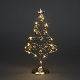 SHATCHI Pre-Lit Table Top Golden/Silver Merry Christmas Tree Cool Star Festive Xmas Holiday Home Office Novelty Decorations, Metal, Gold W/Warm White LEDs, 14 Inch Bells