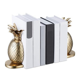 Relaxdays Pineapple Bookends, Set of 2, Metal, H x W x D: 21 x 8 x 13 cm, Stylish Book Holder for Shelves, Gold