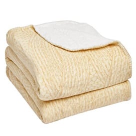 Dreamscene Chunky Knit Print Sherpa Fleece Blanket Plush Flannel Throw Over for Sofa Bed Couch, Cream Ivory - 150 x 180cm