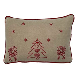 Ragged Rose Christmas Oblong Cushion with Embroidered Reindeer on Linen