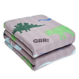 Dreamscene Dinosaur Fleece Throw Over for Kids Blanket Lightweight Soft Warm Bedspread Gift for Girls Boys Children, 120 x 150cm - Grey Blue Green