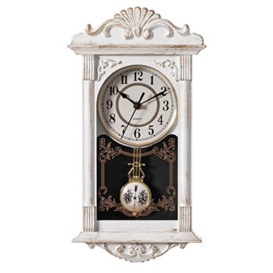 Quickway Imports Vintage Grandfather Wood- Looking Plastic Pendulum Wall Clock for Living Room, Kitchen, or Dining Room, White