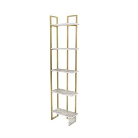 DECOROTIKA - Alica180 cm Bookcase – Industrial Corner Unit Bookshelf – Metal Frame Shelving Unit (White Marble Effect & Gold)