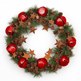 40cm Christmas Wreath with Red Jingle Bells Stars Pine Cones Berries Leaves for Outdoor Xmas Home Office Mantelpiece Decorations