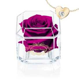 Eternal Petals A Real Rose That Lasts Years, Handmade in UK – Gold Solo with Gift Box, 18 ct Gold plated Heart Necklace with Clear Crystal and Love Message Greeting Card (Plum)