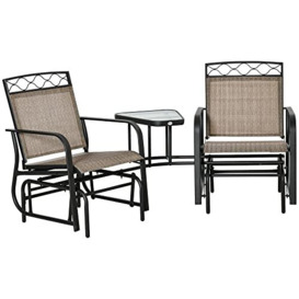 Outsunny Double Outdoor Glider Chair, 2 Seater Patio Rocking Chairs, Swing Bench with Tempered Glass Table, Breathable Mesh Fabric for Backyard, Garden, Porch, Brown