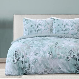 Sleepdown Botanical Leaves Floral Green Reversible Duvet Cover Quilt Pillow Cases Bedding Set Soft Easy Care - Double (200cm x 200cm)