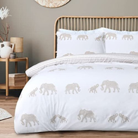 Sleepdown Elephant Seersucker White Natural Reversible Duvet Cover Quilt Pillow Case Bedding Set Soft Easy Care - Single (135cm x 200cm)