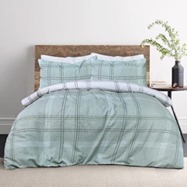 Sleepdown Waffle Green Check Reversible Duvet Cover Quilt Pillow Cases Bedding Set Soft Easy Care- Double (200cm x 200cm
